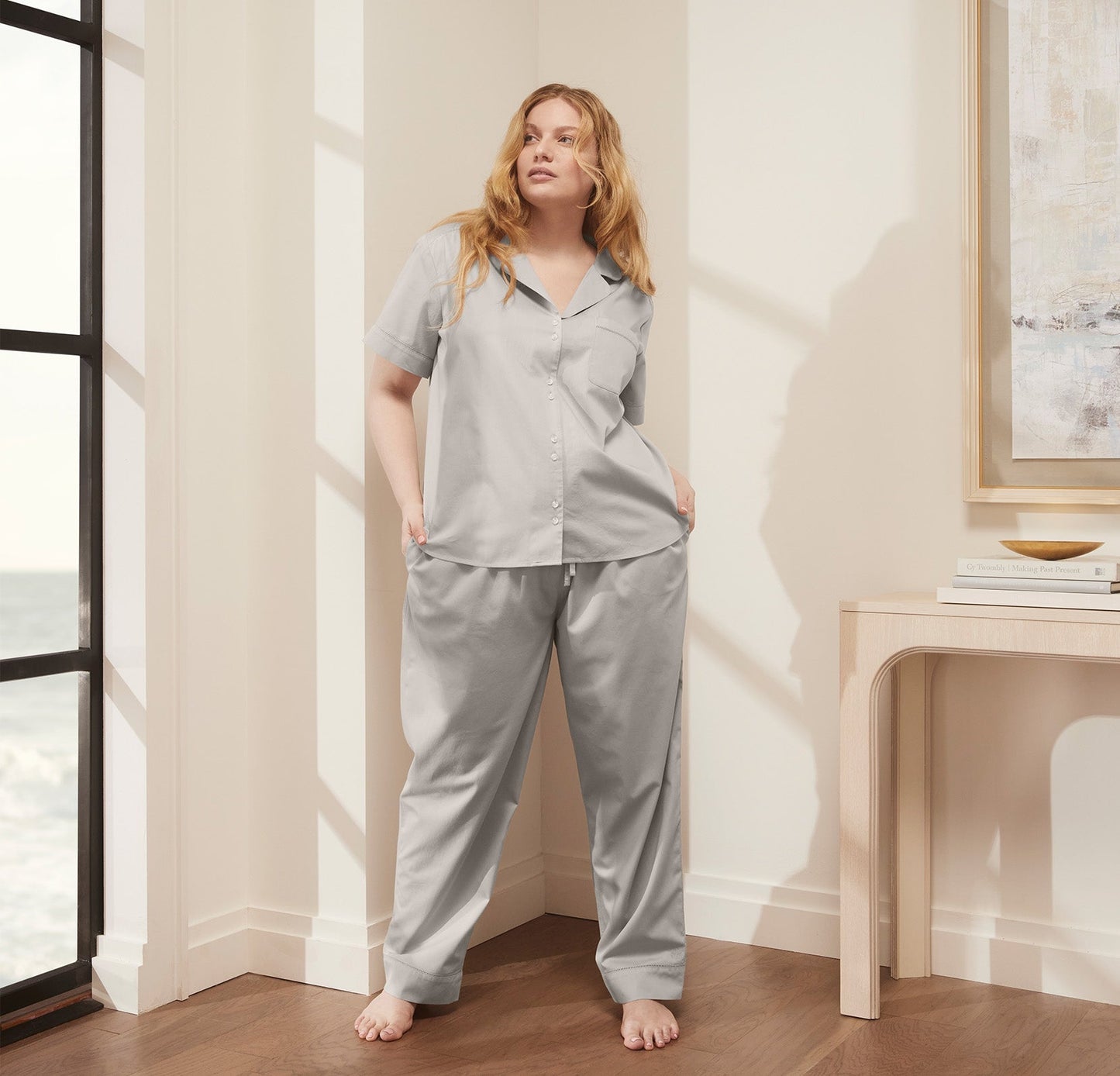 Model wearing Pajama Set in Pewter