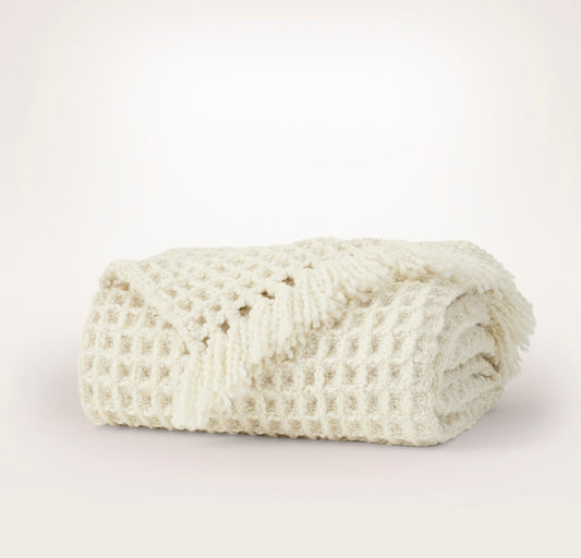 Grand Waffle Merino Wool Throw Blanket - Cream
